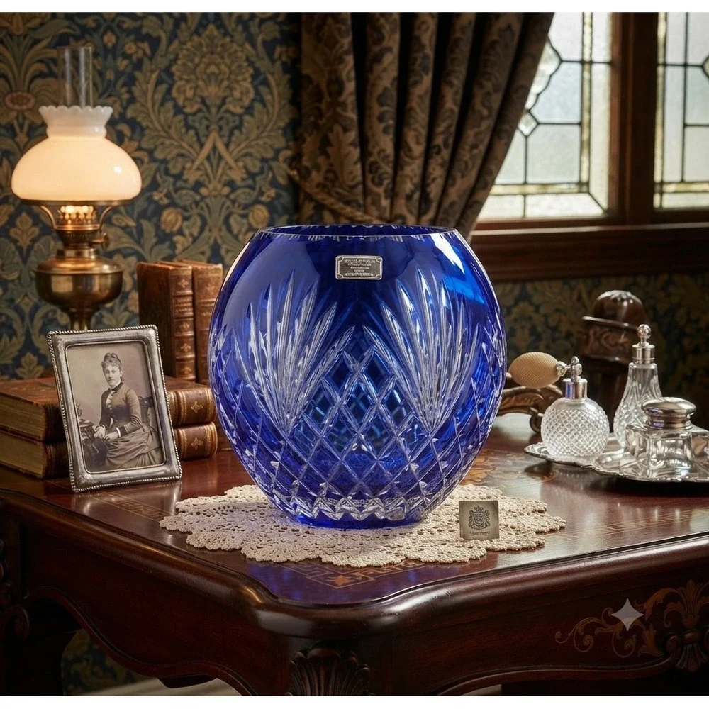 Godinger Crystal Legends Cobalt Blue Cut Crystal Rose Bowl Vase Made in Romania